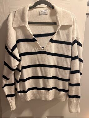 Old Navy Cream & Navy Striped V-Neck Collared Sweater